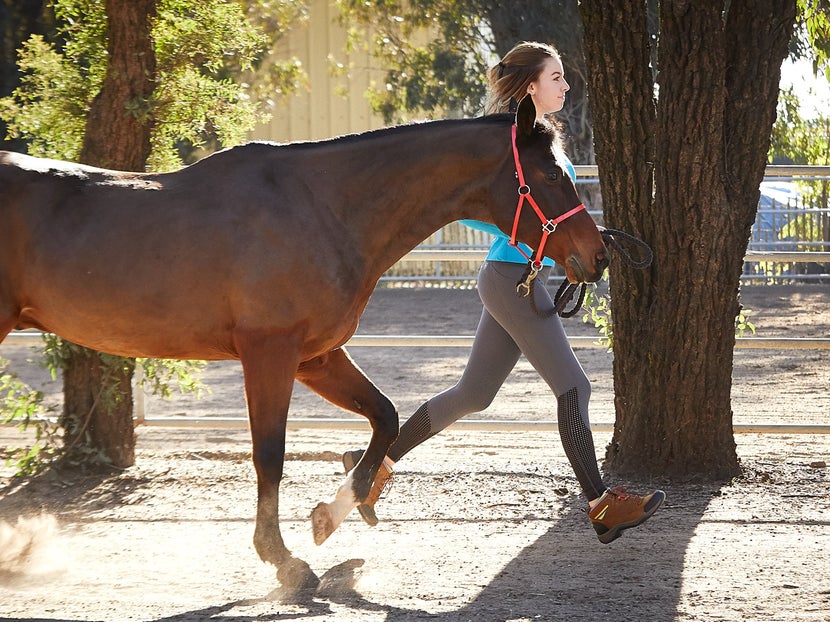 girl and horse jogging for the vet